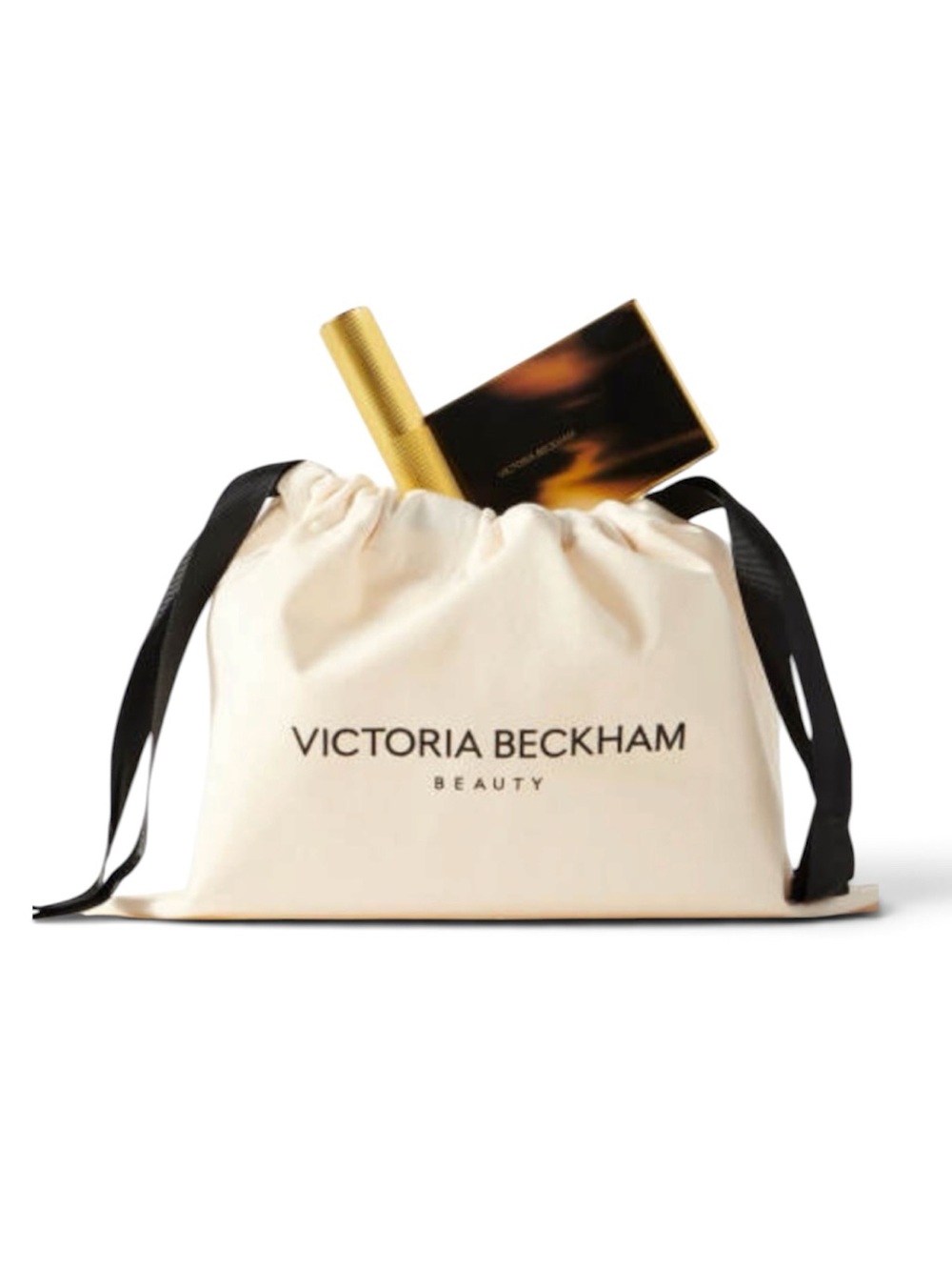 NWOT Victoria Beckham Beauty Ivory Drawstring Pouch with Black Ribbon Closure